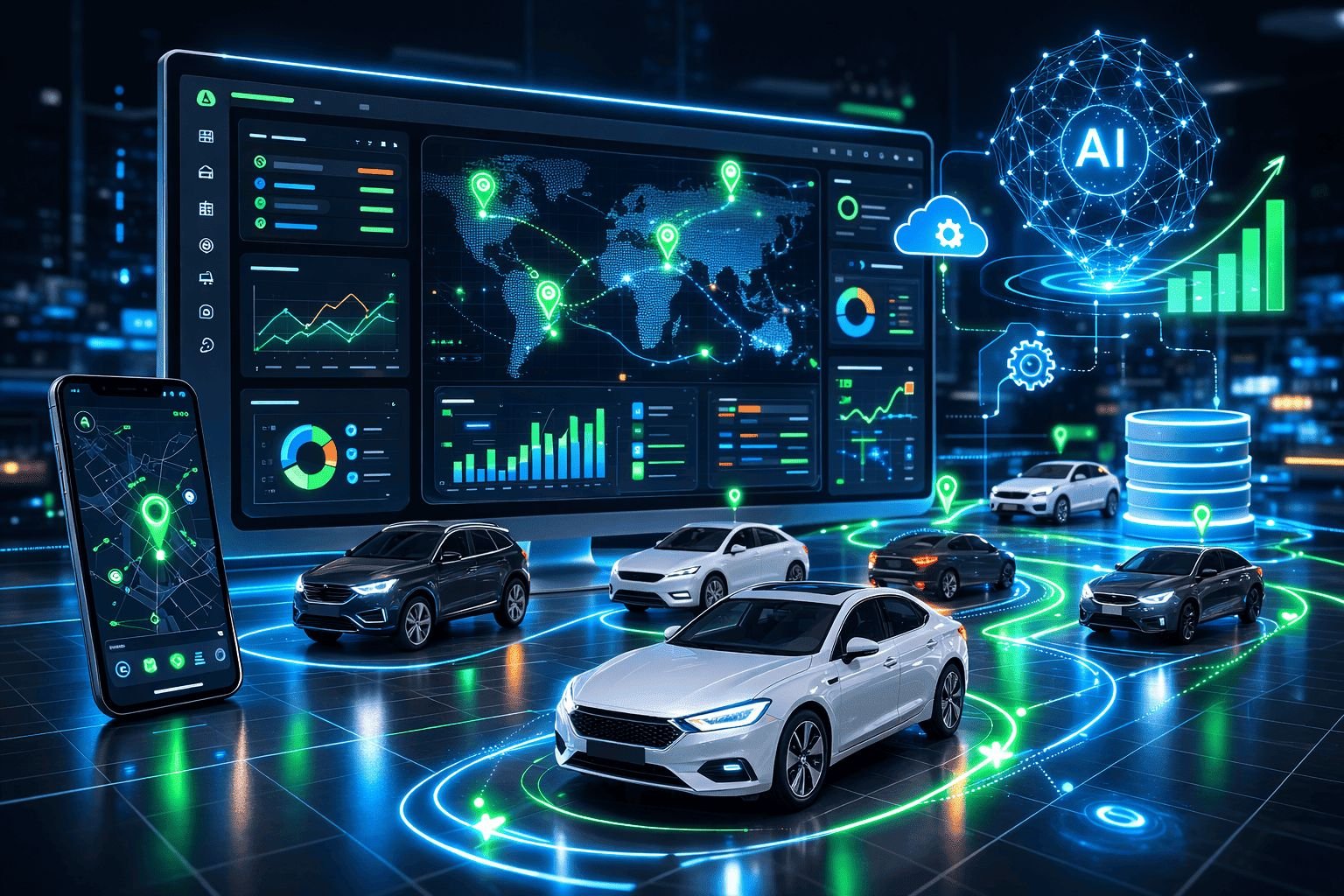 AI powered fleet management software dashboard automating vehicle tracking, booking management, and rental analytics.